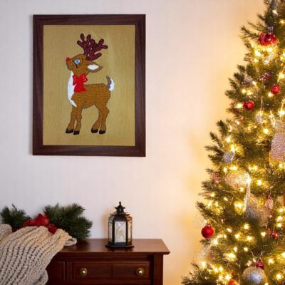 Handmade Reindeer Embroidered Wall Frame – Festive Christmas Décor