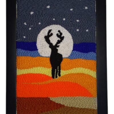 Handmade Embroidered Desert Night Scene – Deer Silhouette Wall Frame Art