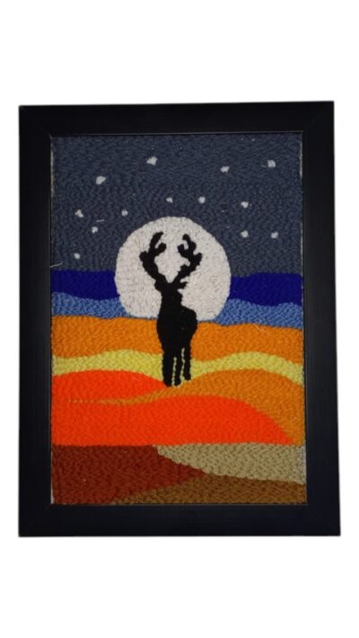 Handmade Embroidered Desert Night Scene – Deer Silhouette Wall Frame Art