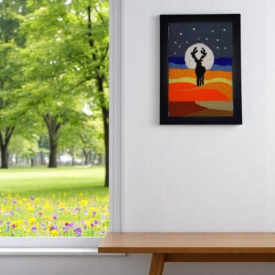 Handmade Embroidered Desert Night Scene – Deer Silhouette Wall Frame Art