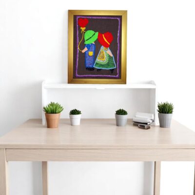 Handmade Embroidered Couple Wall Frame – Romantic Heart Balloon Art