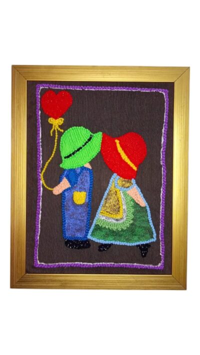Handmade Embroidered Couple Wall Frame – Romantic Heart Balloon Art