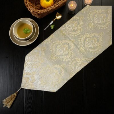 Royal Elegance Cream & Gold Dining Table Runner with Textured Mats Set - Image 3