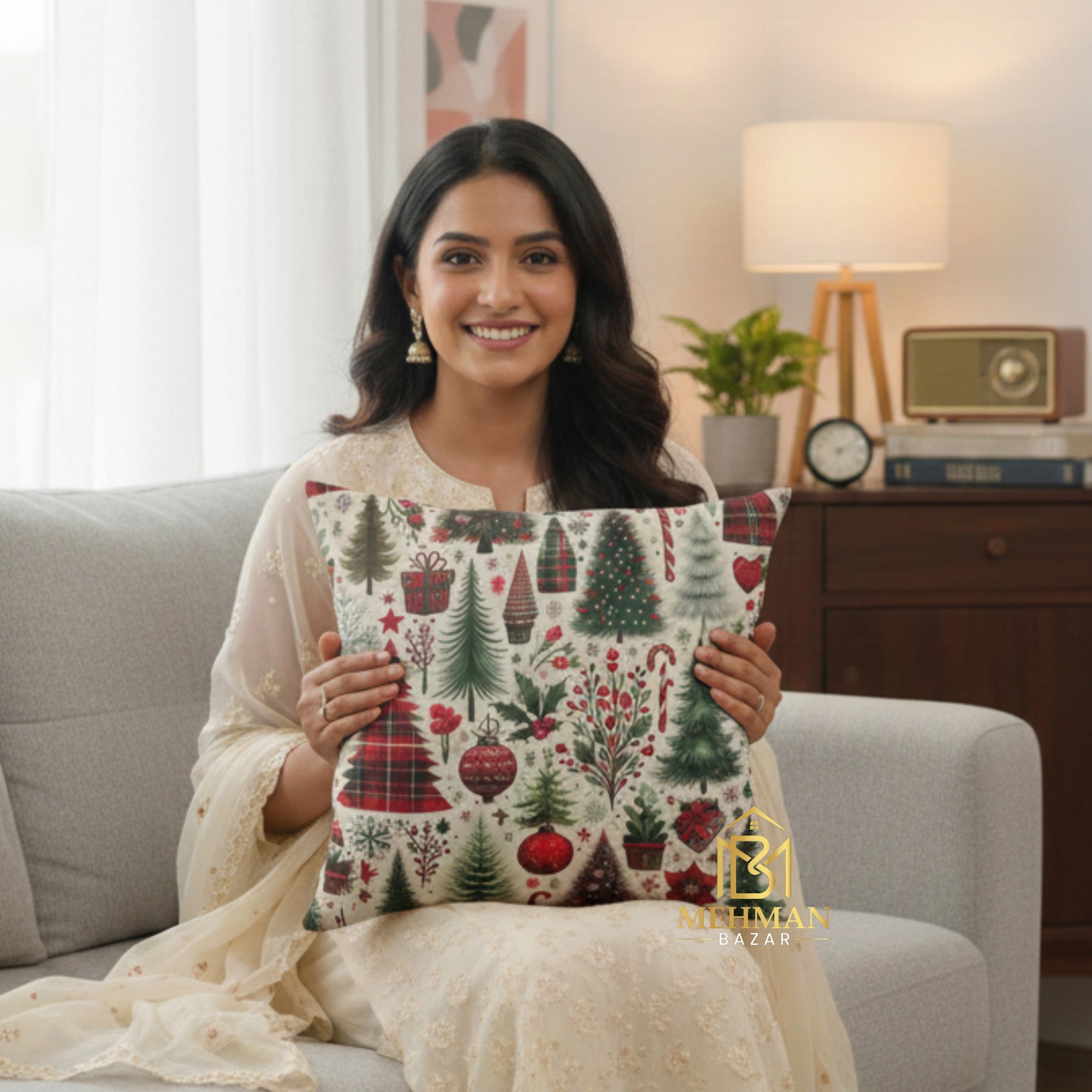 Christmas Tree & Ornament Velvet Cushion Cover